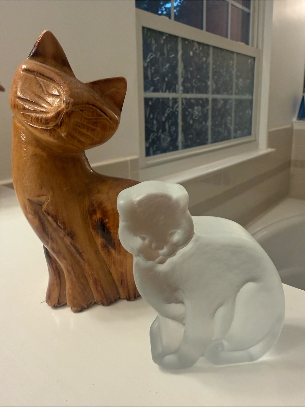 Wooden Cat Sculpture & Frosted Glass Cat Figurine - Brown and Frosted White